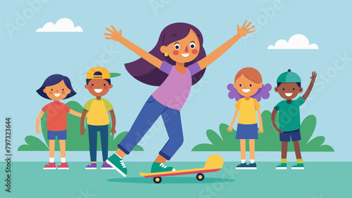 A young girl shows off her newly learned skateboarding tricks with her friends clapping and cheering on the sidelines.