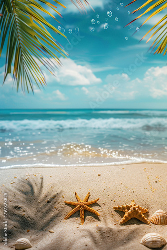 summer time holiday background, tropical beach island happy day bright sunshine, tropical fruits. Creative minimal summer idea © rafliand