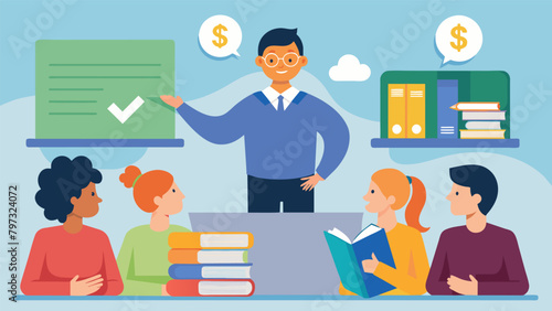 A college counselor giving a presentation on ways to save money on textbooks such as renting or secondhand buying.