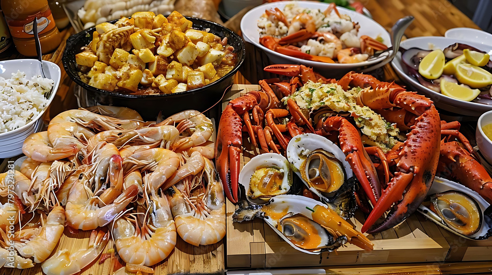 seafood boil feast served on a wooden table with a variety of bowls, including white, black, and wh seafood boil feast served on a wooden table with a variety of bowls, including white, black, and wh