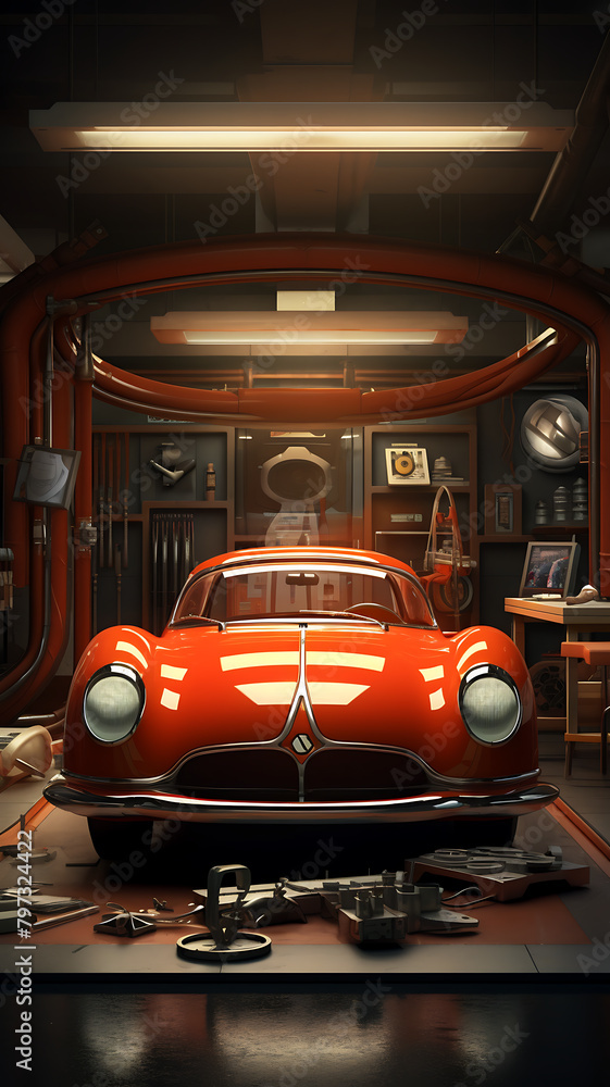 An old classic car in a garage with some tools. An old classic car in a garage with some tools.
