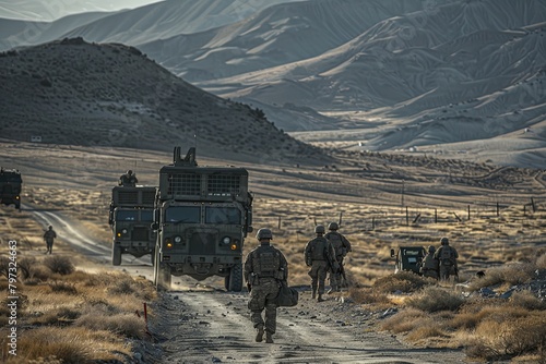 A group of soldiers in military uniform walking down a dirt road, demonstrating military logistics operations and rapid deployment. Generative AI photo