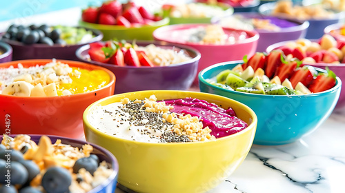 smoothie bowl bar featuring a variety of colorful bowls filled with fresh fruit, including red stra photo