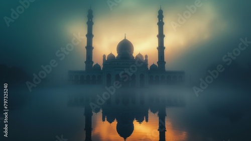 A beautiful serene mosque background for graphic design photo