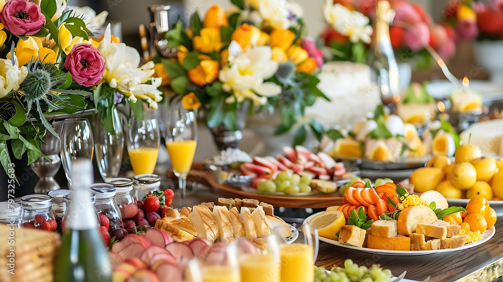 sunday brunch buffet featuring a variety of fresh produce, including green grapes, oranges, and a v