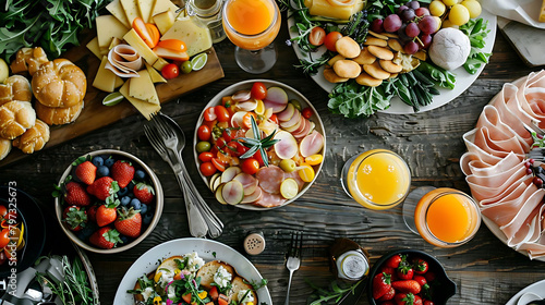 sunday brunch buffet spread featuring fresh strawberries, orange juice, and a variety of plates and photo