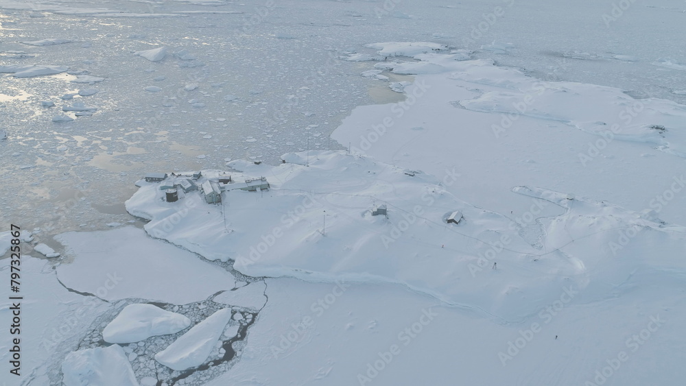 Antarctica Vernadsky Station Aerial Zoom In View. Arctic Ocean Coast Glacier at Majestic Snow Nature Panorama Climate Change Concept Top Drone Flight