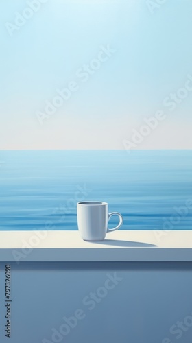 A two coffee cup on the window sill with sea background horizon nature drink. photo