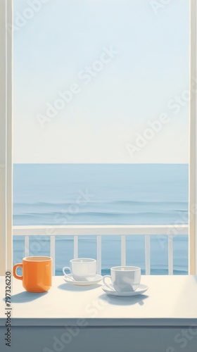 A two coffee cup on the window sill with sea background architecture windowsill drink. photo