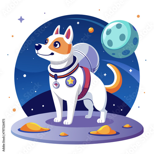 Proud pooch standing on the surface of the moon, clad in a spacesuit adorned with space agency patches