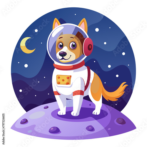 Proud pooch standing on the surface of the moon, clad in a spacesuit adorned with space agency patches