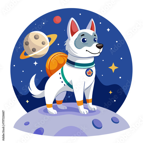 Proud pooch standing on the surface of the moon, clad in a spacesuit adorned with space agency patches