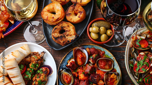 tapas and wine pairings served on a wooden table with a variety of plates and bowls, including a wh