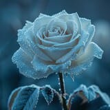 a rose with frost on it with a blue background