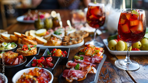 tapas night at a party with a variety of drinks and appetizers served on a wooden table the drinks