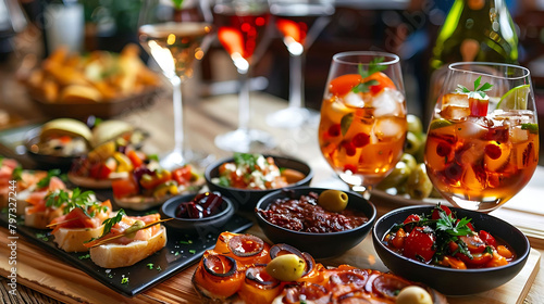 tapas night at a restaurant featuring a variety of bowls and glasses, including a black bowl, a cle photo