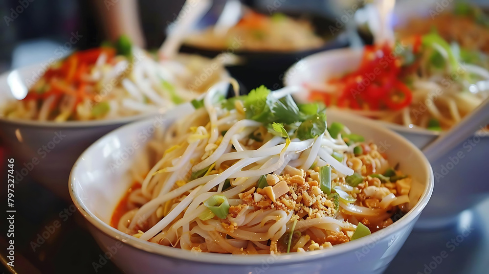 thai street food served in white bowls with chopsticks on a table