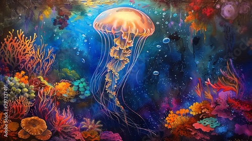 Bring to life a traditional oil painting capturing an ethereal underwater scene Envision metallic robotic jellyfish floating gracefully amidst vibrant coral reefs  surrounded by swirling currents and