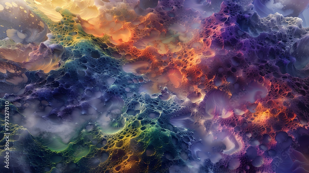 Capture a mesmerizing aerial view of a dreamlike landscape, blending vibrant colors with a touch of mystery, engulfed in a surreal atmosphere Utilize digital rendering techniques to emphasize the intr