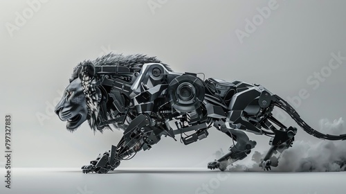 Capture a robotic lion in dynamic motion, in a photorealistic digital rendering style, showcasing unexpected angles and textures