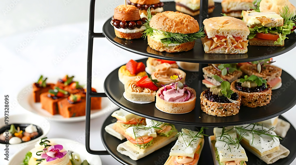afternoon tea spread featuring a variety of sandwiches and desserts, including a white sandwich, a