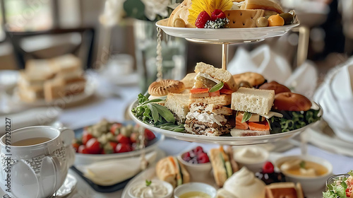 afternoon tea at the ritz london featuring a variety of sandwiches and desserts served on white pla photo