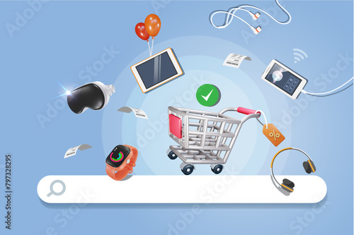 Online shopping IT electronic devices. Shopping trolley cart with IT digital equipements. 3D vector.