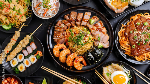 asian street food festival featuring a variety of dishes served on black plates and bowls, accompan