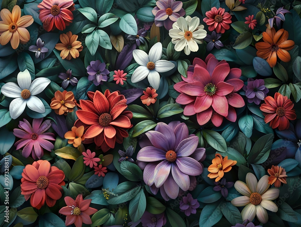 Colorful 3D wallpaper with a diverse array of flowers and foliage, rendered realistically to create a lively and vibrant decorative background Colorful 3D wallpaper with a diverse array of flowers and foliage, rendered realistically to create a lively and vibrant decorative background