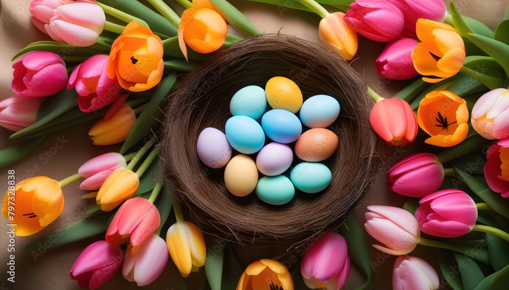 A nest filled with colorful eggs sitting on a bed of pink tulips on a wooden background A nest filled with colorful eggs sitting on a bed of pink tulips on a wooden background