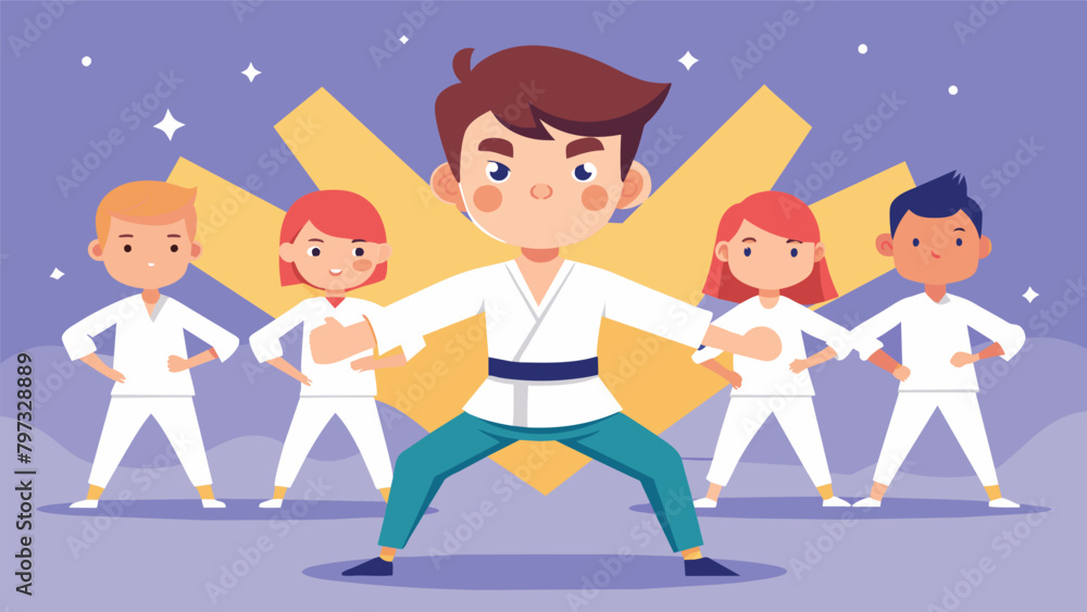 A young boy confidently leading a group warmup showcasing the leadership and teamwork skills fostered through youth karate classes. A young boy confidently leading a group warmup showcasing the leadership and teamwork skills fostered through youth karate classes.