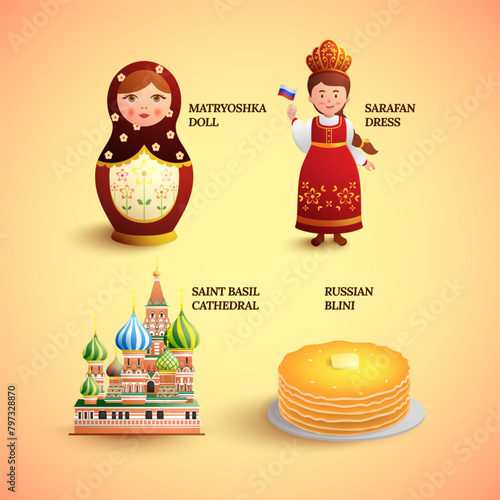 Russia symbols tradition design illustration vector set with russian blini pancake sarafan dress matryoshka doll saint basil cathedral