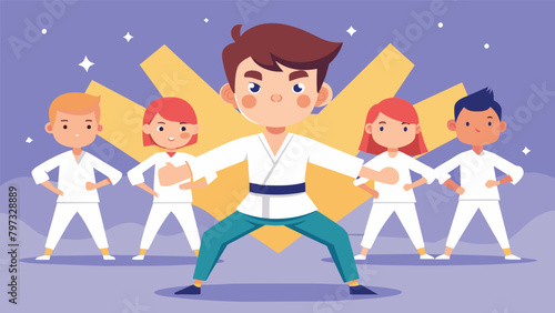 A young boy confidently leading a group warmup showcasing the leadership and teamwork skills fostered through youth karate classes.
