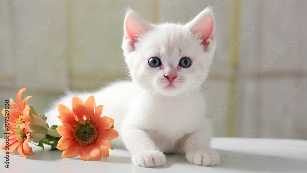 white kitten with pink flower