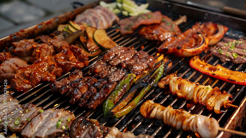 bbq feast with a variety of meats and vegetables, including cooked and raw meats, as well as green