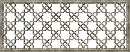 Arabic geometric golden pattern. Islamic ornament mashrabiya panel. Wall screen Islamic traditional motif, 3d silver grill. Isolated on white background. Artistic metal casting. Illustration