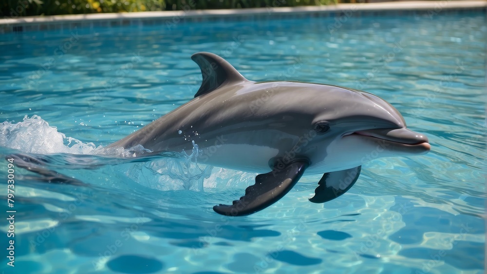 Fototapeta premium Playful dolphin in a sunlit turquoise swimming pool