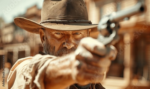 Western movie shot, front view of a cowboy ready to do a duel in middle of a wild west town pointing gun to camera, Generative AI photo