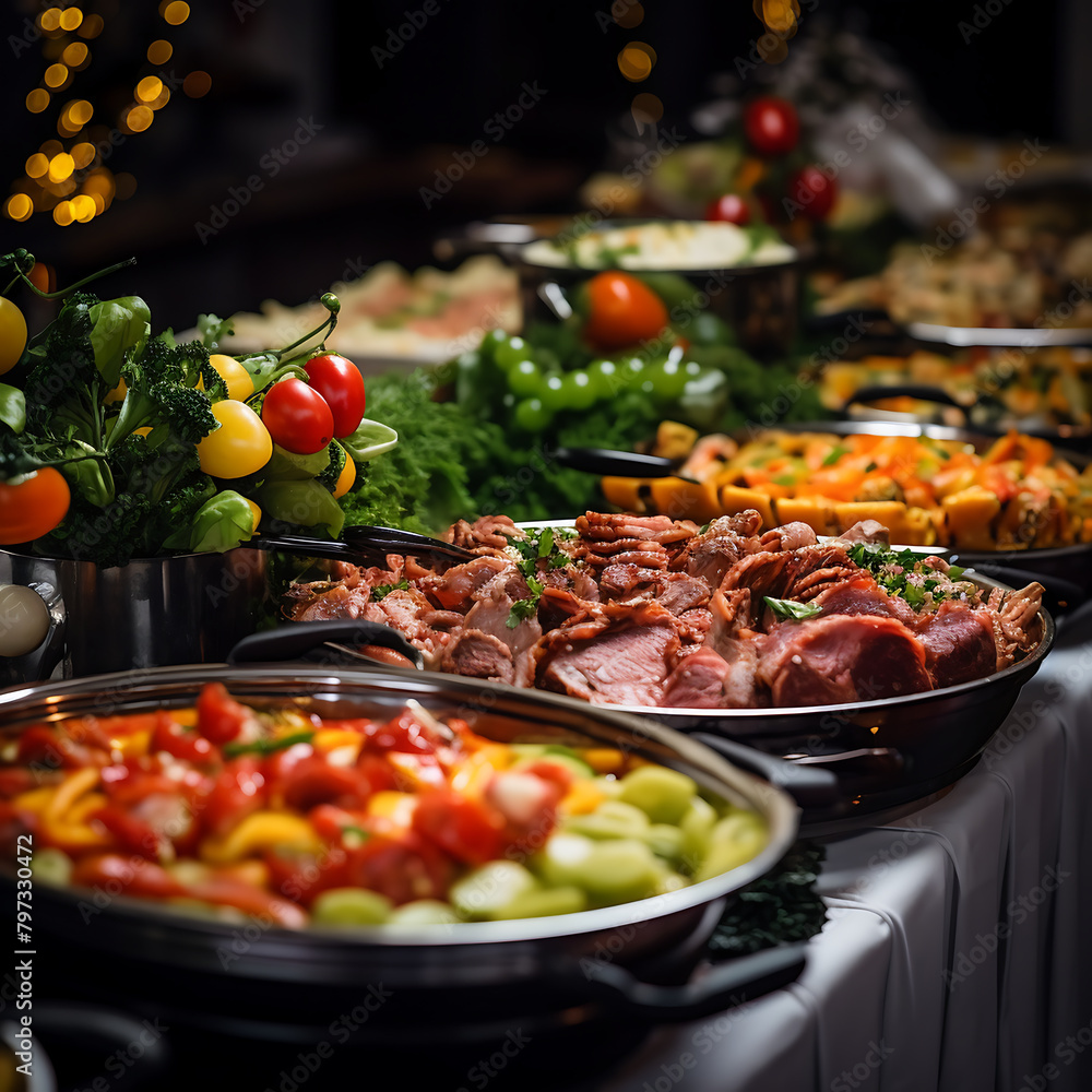 catering buffet food indoor in luxury restaurant with meat and vegetables