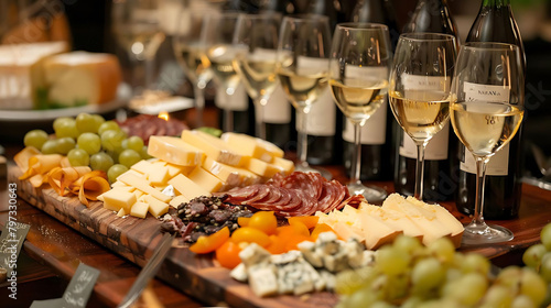 cheese and wine soiree on a wooden platter