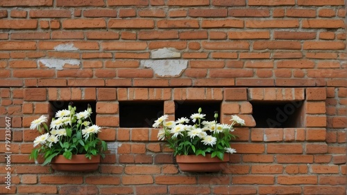 Cozy blue door with flower boxes on a red brick wall