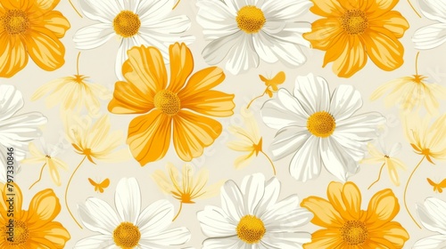 Retro yellow and white floral pattern with daisies