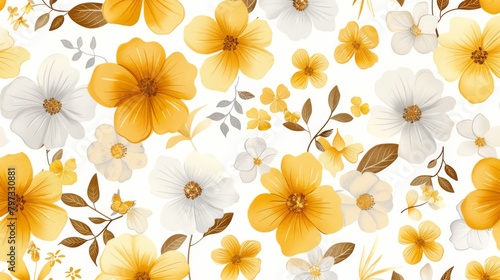Retro yellow and white floral pattern with daisies