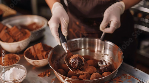chocolate truffle making in a metal bowl with a silver spoon and a white glove on a table, surround
