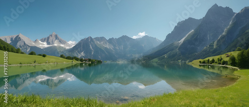 Panorama of beautiful summer landscape  clear mountain lake with majestic mountains on the background.