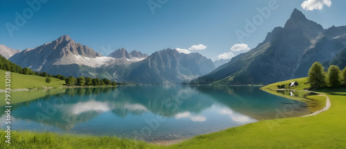 Panorama of beautiful summer landscape, clear mountain lake with majestic mountains on the background. © Rat Art