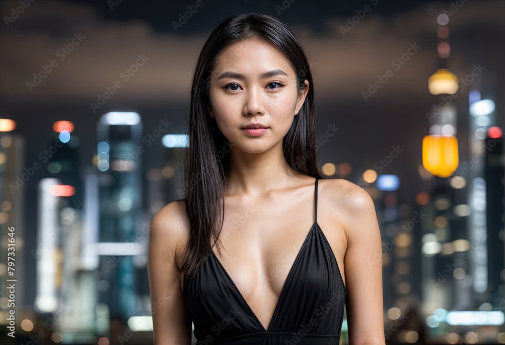 Stylish Asian Woman in Black Dress Against Night Cityscape Stylish Asian Woman in Black Dress Against Night Cityscape