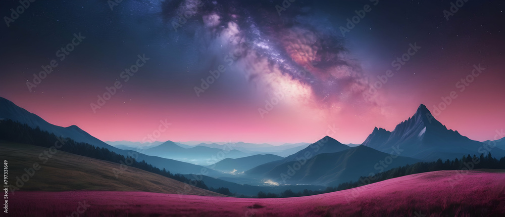 Panorama of Beautiful Milky Way and pink light at mountains. Night colorful landscape. Starry sky with hills at summer. Beautiful Universe. Space background with galaxy.
