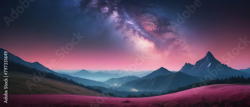 Panorama of Beautiful Milky Way and pink light at mountains. Night colorful landscape. Starry sky with hills at summer. Beautiful Universe. Space background with galaxy.