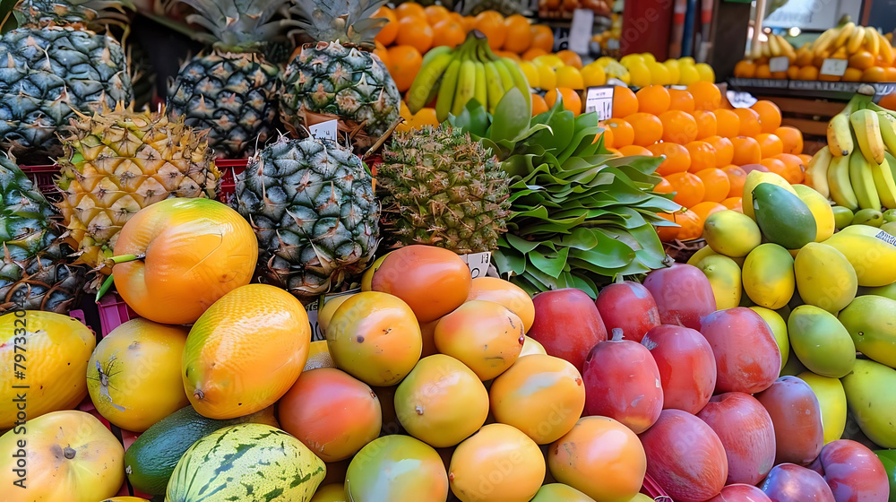 exotic fruit market featuring a variety of fresh produce including pineapples, bananas, oranges, an